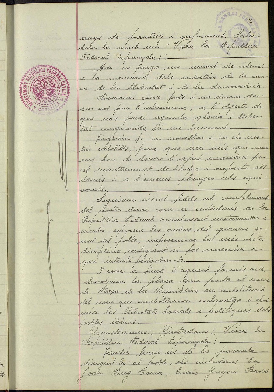 Discurso de proclamación de la Segunda República en Cornellà